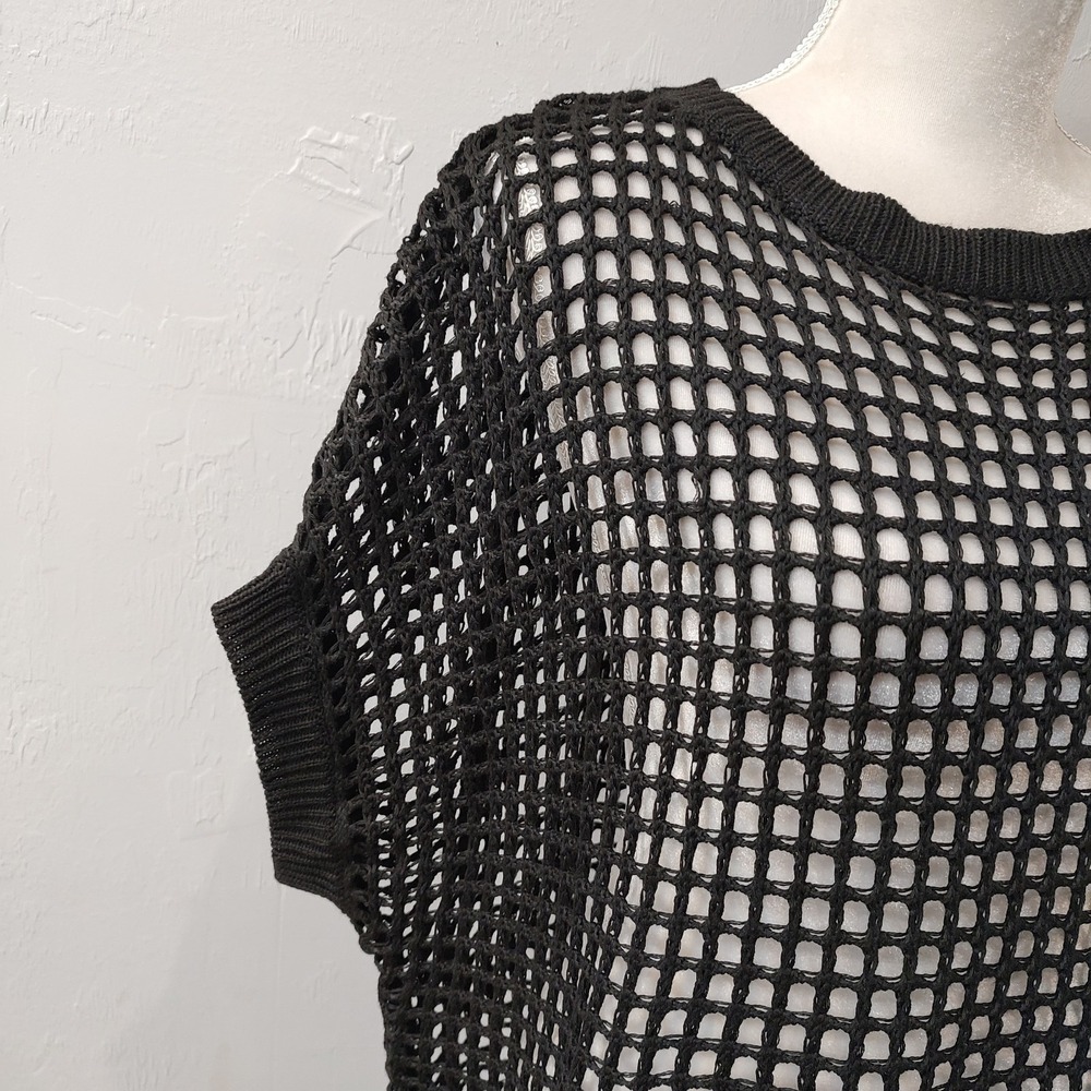 Crochet Oversized Black Top Sz XL Boho Cover Up Short Sleeve Lagenlook Casual - Picture 2 of 8